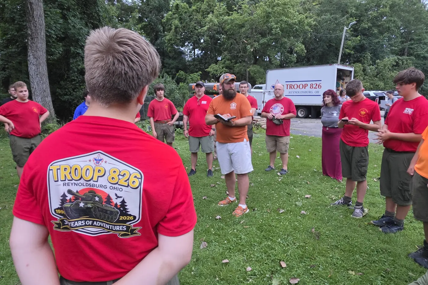 Scouts gathered outdoors during a troop activity