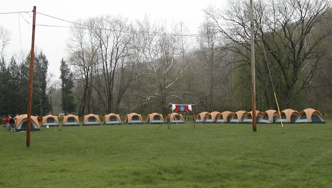 Rows of Troop 826 tents at the Siege at the Rock camporee at Camp Falling Rock