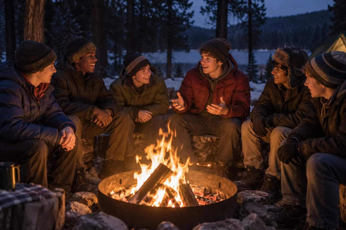 AI-generated demo image of fictional Scouts sharing stories around a winter campfire
