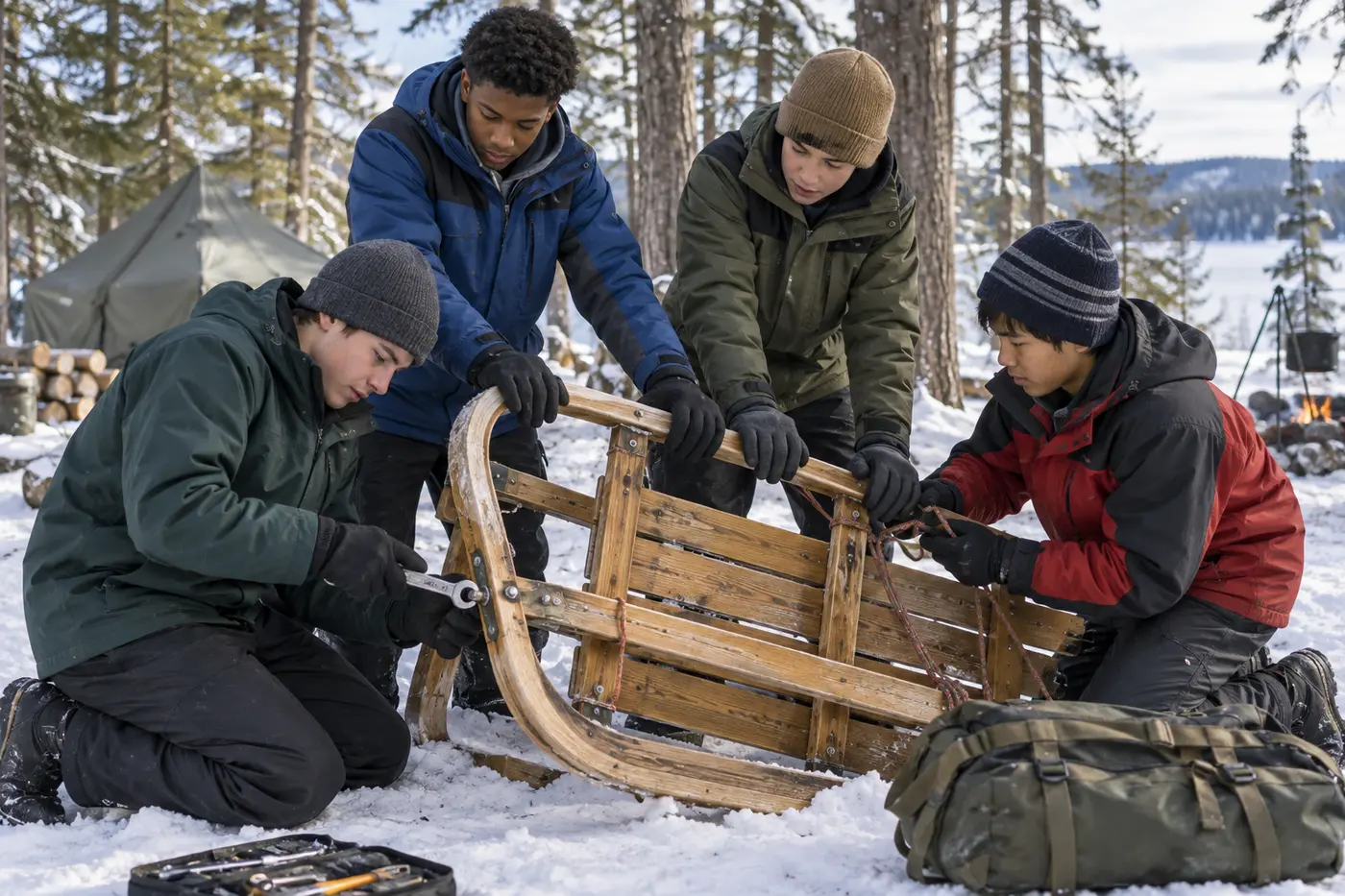 AI-generated demo image of fictional Scouts repairing a wooden gear sled together