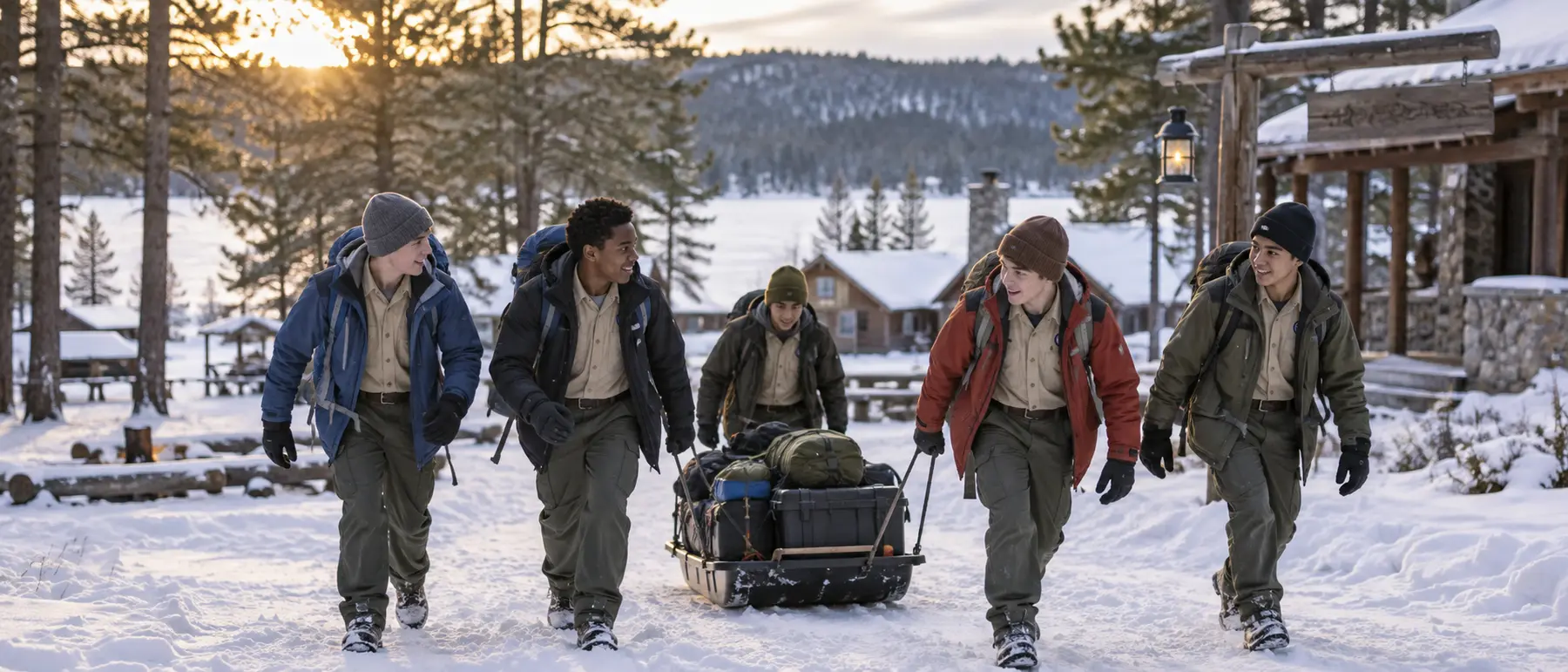 AI-generated demo image of fictional Scouts arriving at winter camp with a gear sled
