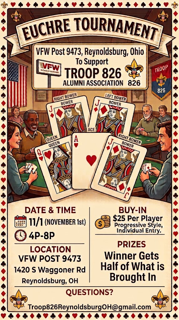 Euchre tournament flyer. The event details are also provided as text on this page.