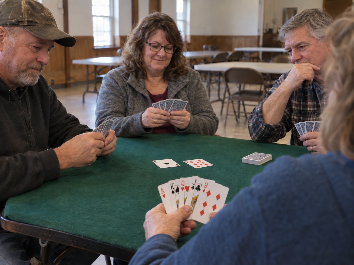 Four adults enjoying a game of euchre around a green card table.